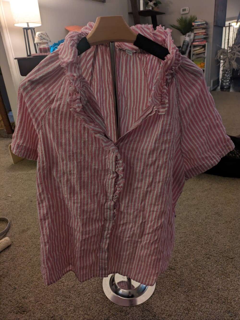 Chico's Pink and White Striped Ruffle Button-Front Blouse